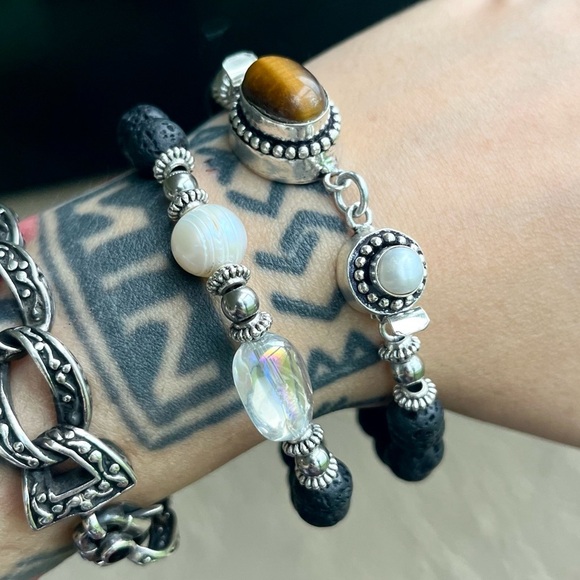 Genuine Gemstones bracelets set tiger eye , pearls & aura crystal quartz - Picture 9 of 13